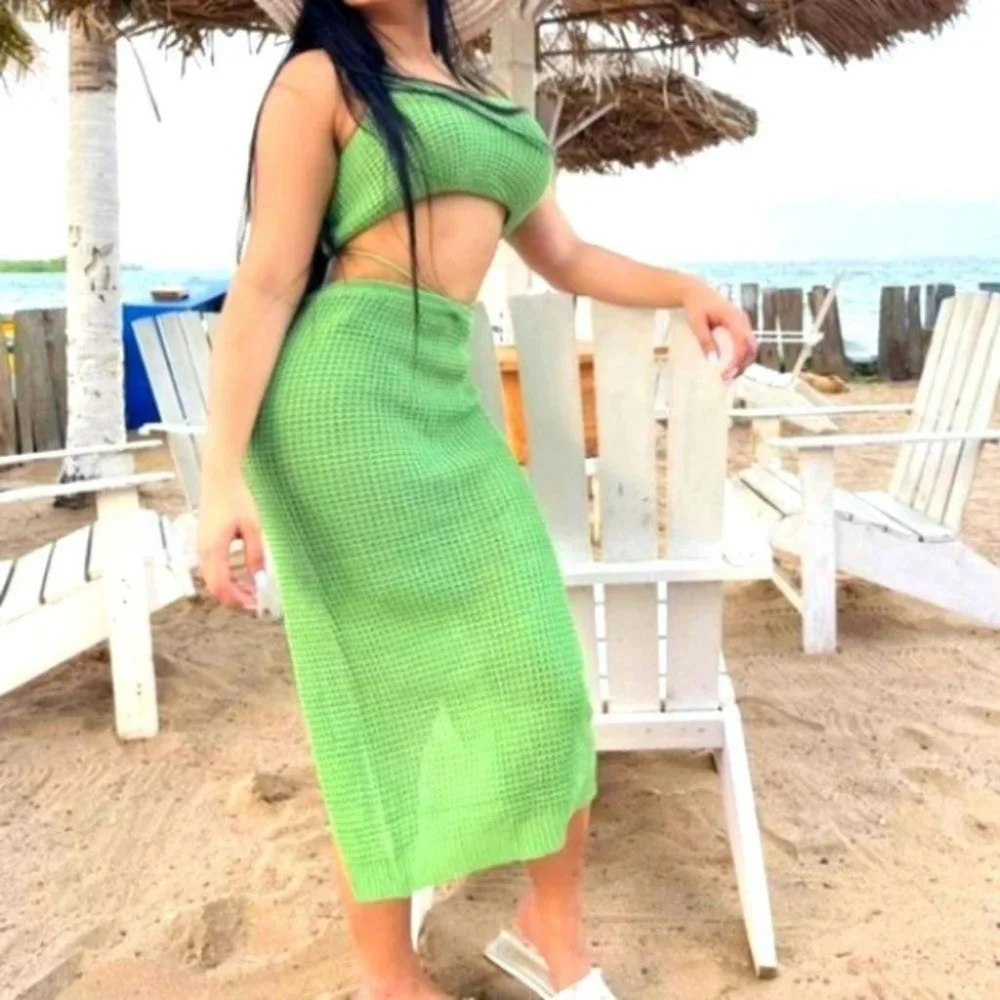 2 piece knit skirt and crop top knit coverup set Green - Picture 5 of 15